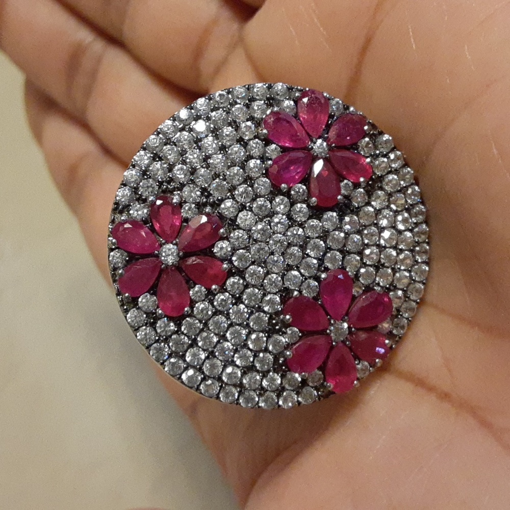925 Genuine Ruby and White Zircons,  Blooming Flowers.